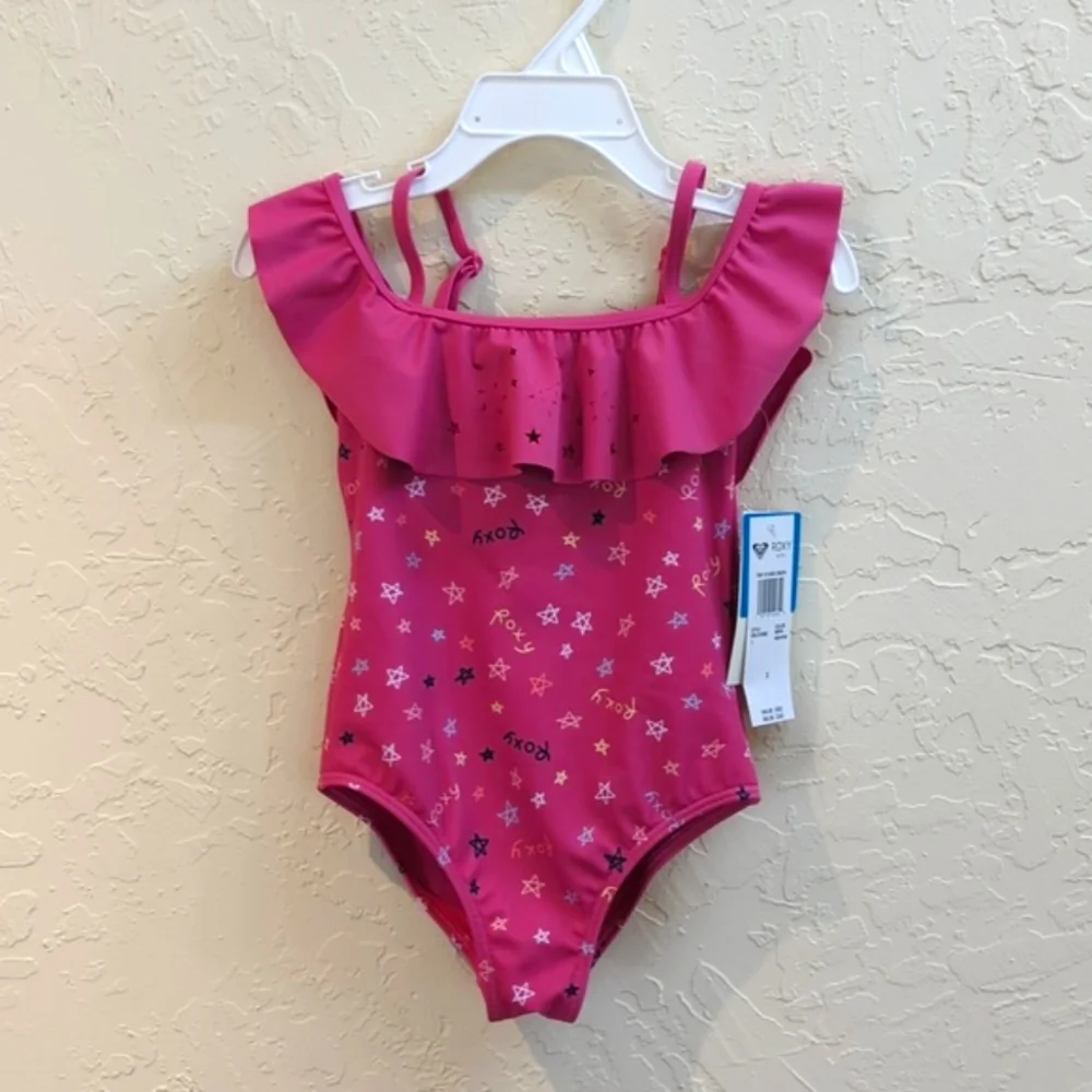 Roxy Pink Guava Tiny Stars Ruffle Off Shoulder One Piece Swim Suit Size 4T